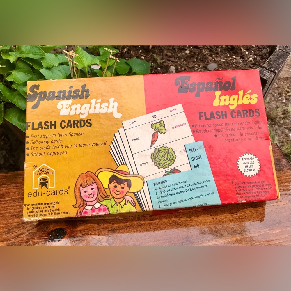 Vintage 1973 EDU-CARDS Learn English Spanish Color Flash Cards Original Box